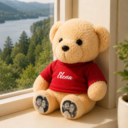 Personalized Teddy Bear with Custom Photo Feet & Name Shirt, Custom Plush Gift for Couples, Kids & Loved Ones