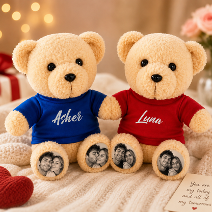 Personalized Teddy Bear with Custom Photo Feet & Name Shirt, Custom Plush Gift for Couples, Kids & Loved Ones