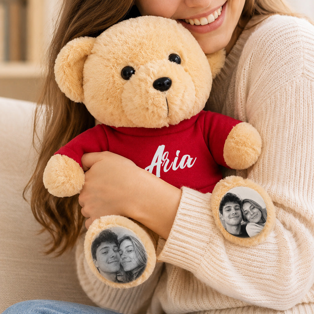 Personalized Teddy Bear with Custom Photo Feet & Name Shirt, Custom Plush Gift for Couples, Kids & Loved Ones