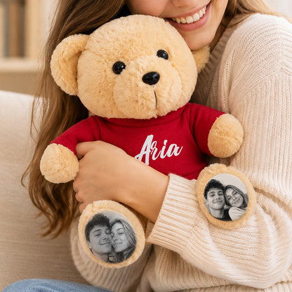 Personalized Teddy Bear with Custom Photo Feet & Name Shirt, Custom Plush Gift for Couples, Kids & Loved Ones