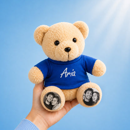 Personalized Teddy Bear with Custom Photo Feet & Name Shirt, Custom Plush Gift for Couples, Kids & Loved Ones