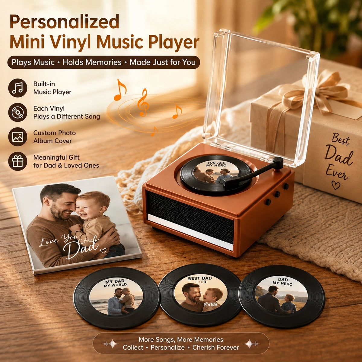 Personalized Mini Vinyl Music Player with Custom Photo, Plays Real Music, Custom Record & Album Cover Gift