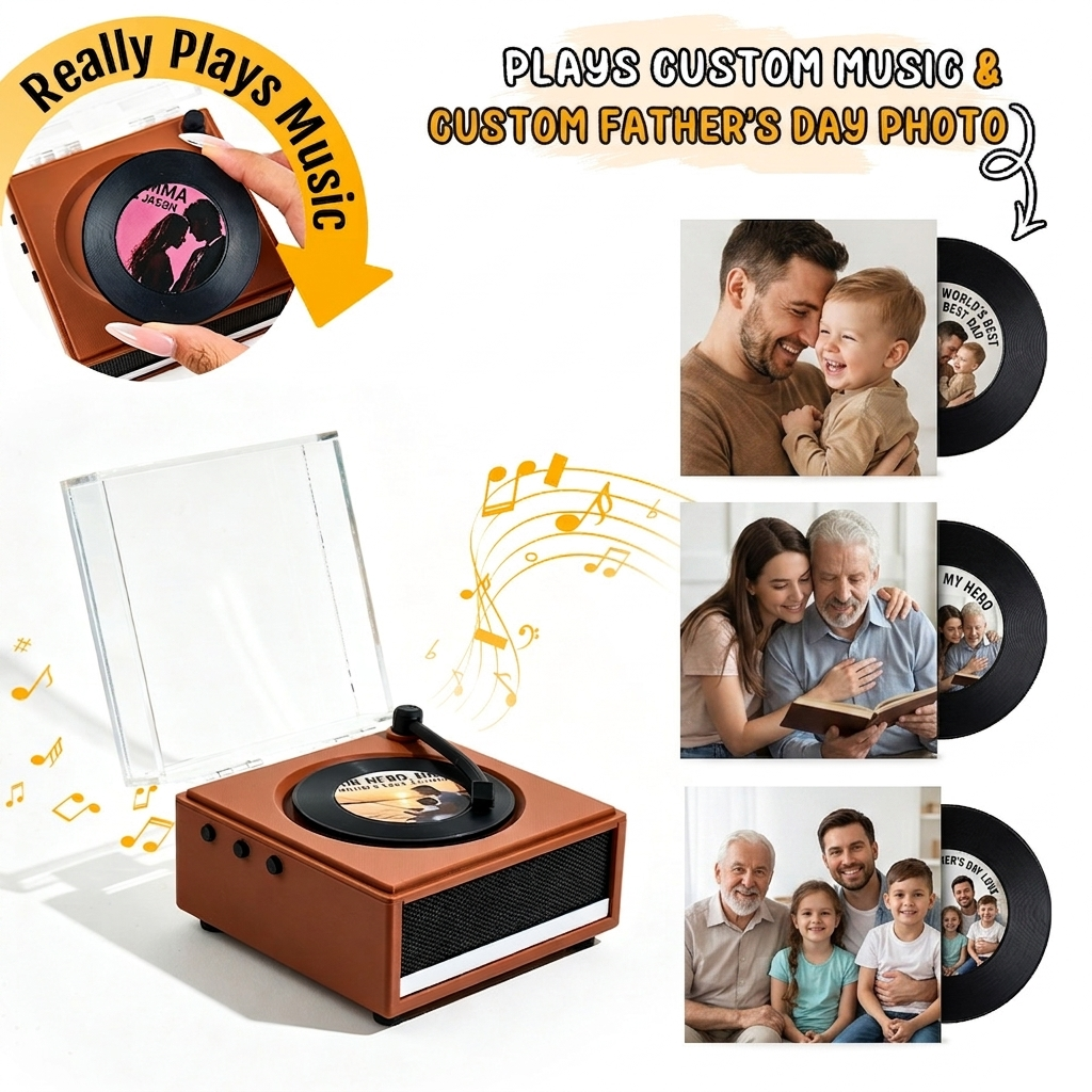 Personalized Mini Vinyl Music Player with Custom Photo, Plays Real Music, Custom Record & Album Cover Gift