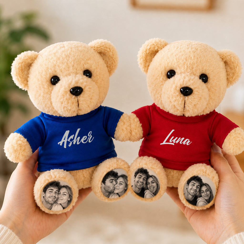 Personalized Teddy Bear with Custom Photo Feet & Name Shirt, Custom Plush Gift for Couples, Kids & Loved Ones
