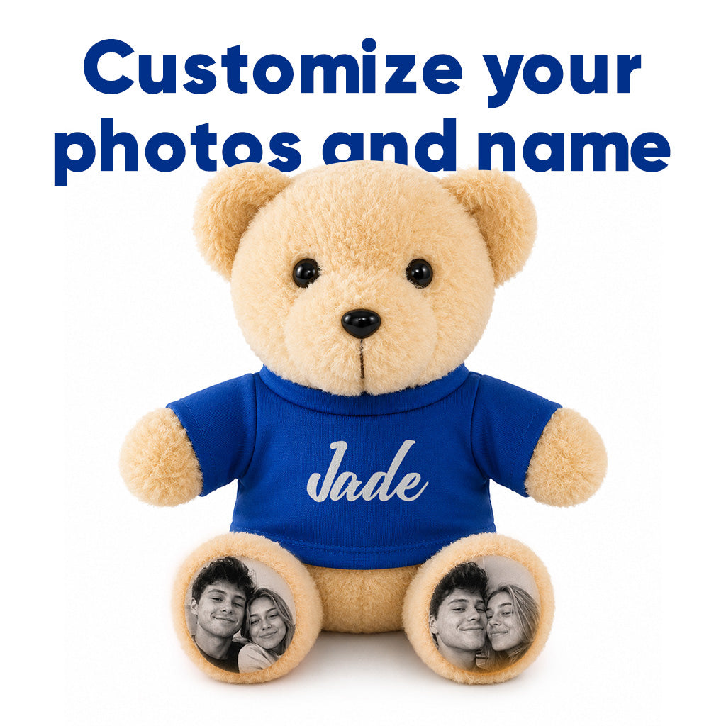 Personalized Teddy Bear with Custom Photo Feet & Name Shirt, Custom Plush Gift for Couples, Kids & Loved Ones